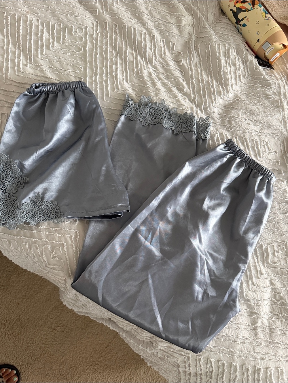 Classic Satin Lace-Trim Sleep Shorts & pajamas Set - Steel Blue